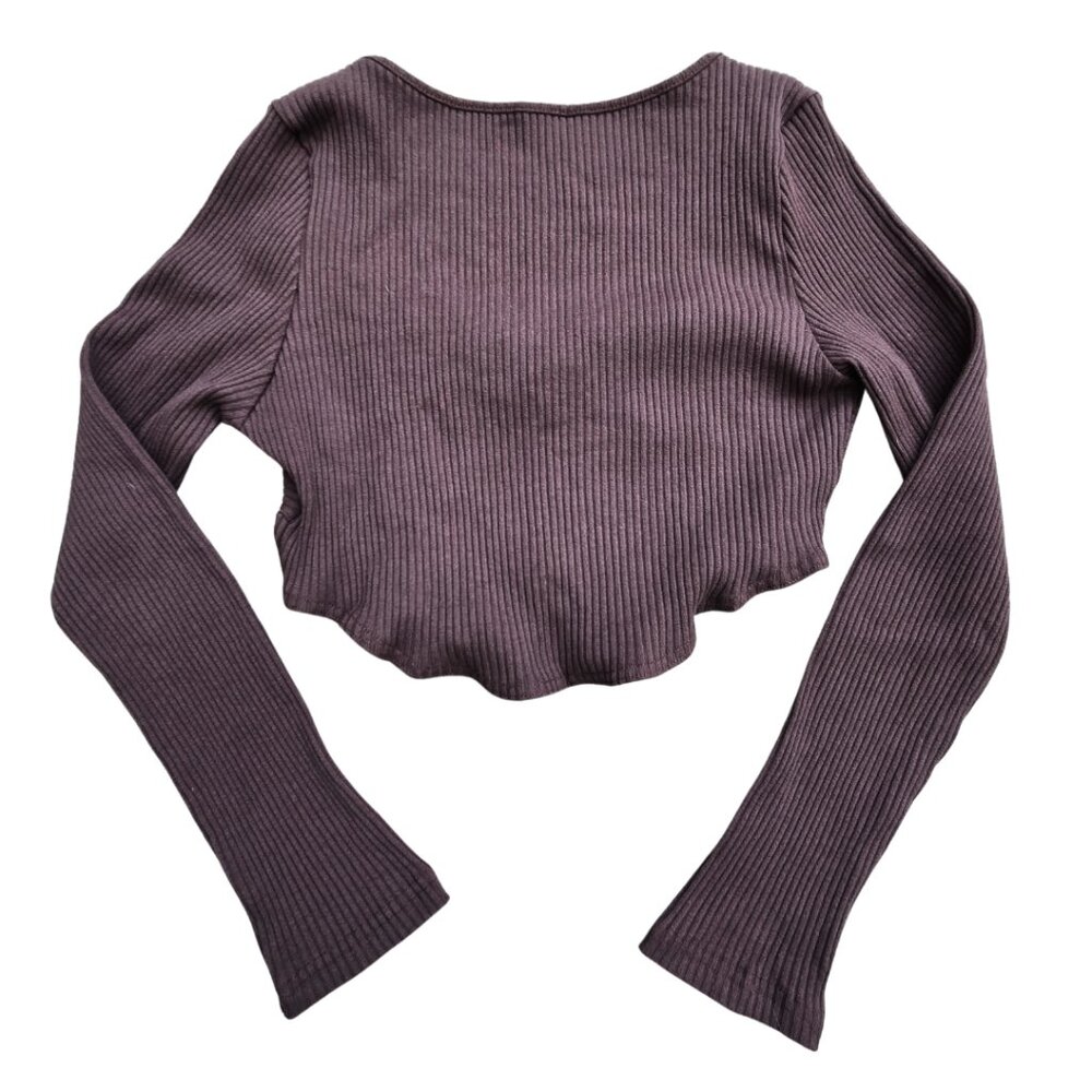 Brown Fall Long Sleeve V Neck Sexy Ribbed Knit Cropped Sweater Slim Fit - Large - Picture 2 of 3